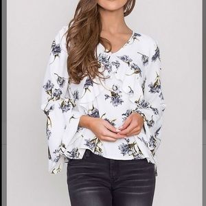 White & Black Floral Ruffle-Accent Bell-Sleeve Top
